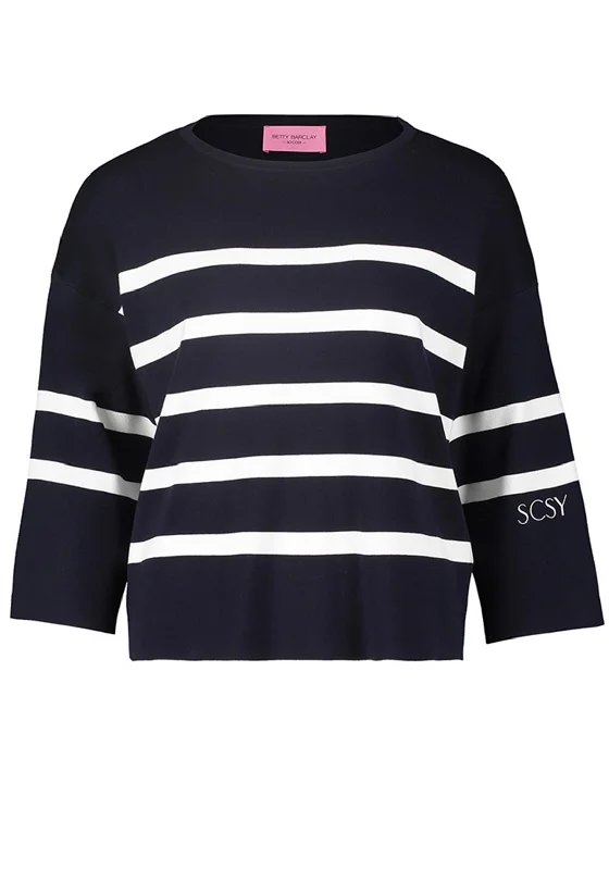 Betty Barclay Three Quarter Sleeve Striped Sweater, Navy Jersey Fabric Tulle Fabric Batik Fabric