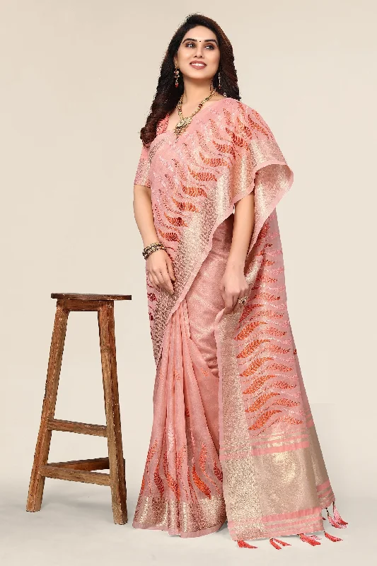 Women Party Wear Embroidery Worked Cotton Silk Saree with Un Stitched Blouse Frilled Cuff Blouse