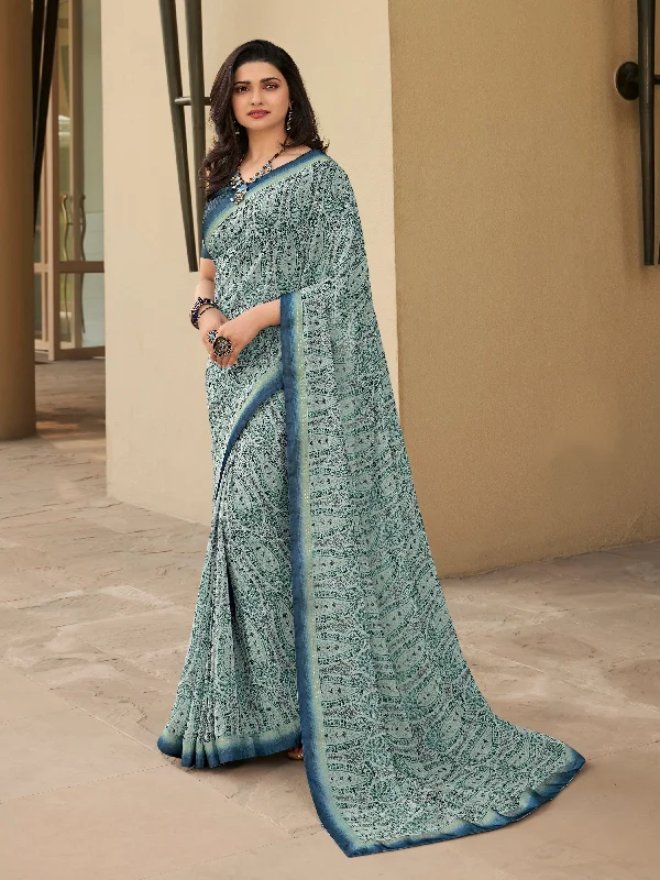 Women Grey Georgette  Printed Saree With Un-Stiched Blouse Wrap Front Blouse