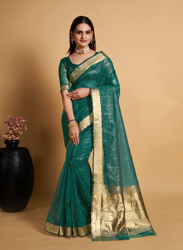 Women Light Jade Organza Silk Weaving Work Saree With Un-Stiched Blouse Peter Pan Collar Blouse