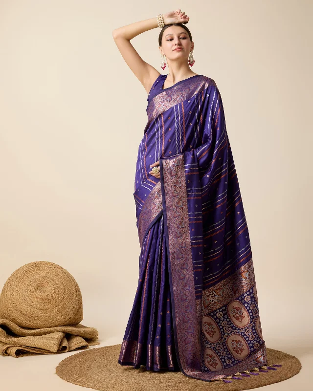 Women Violet Pure Jacquard  Zari Work Saree With Un-Stiched Blouse Vintage Polka Blouse