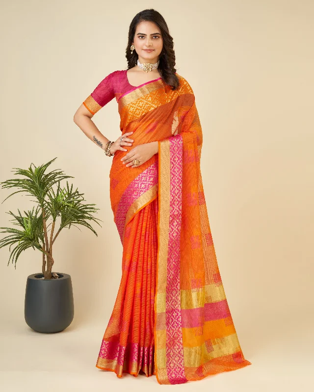 Women Orange Kota Doriya Soft Silk Weaving Work Saree With Un-Stiched Blouse Pleated Collar Blouse