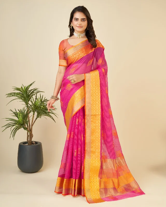 Women Pink Kota Doriya Soft Silk Weaving Work Saree With Un-Stiched Blouse Sleeveless Summer Blouse