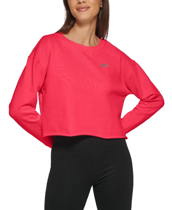 DKNY Sport Womens Metallic Logo Cropped Sweatshirt Hoodie with V-Neck Classic Versatile