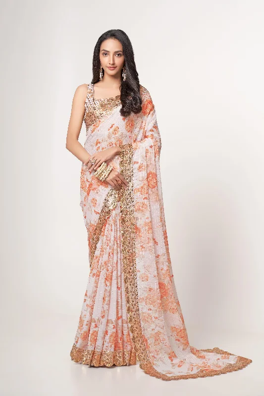 Women White Organza Sequins Embroidery Work With Digital Print Saree With Un-Stiched Blouse Relaxed Fit Blouse