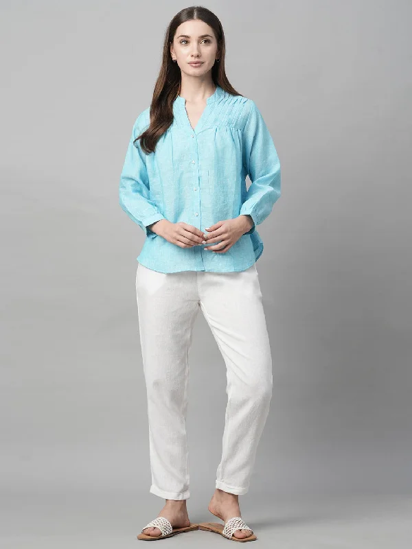 Women's Aqua Linen Regular Fit Blouse Backless Summer Blouse