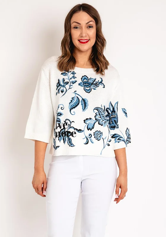 Monari Floral Print Knitted Sweater, Off-White Sequined Glittery Shiny