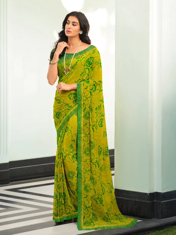 Women Olive Georgette  Printed Saree With Un-Stiched Blouse Office-Ready Blouse