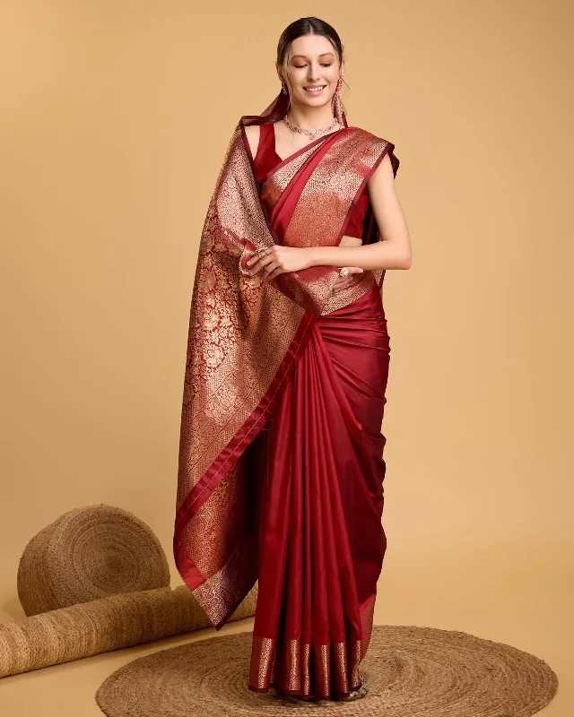 Women Red Brick Pure Silk Weaving Work Saree With Un-Stiched Blouse Chic Square Blouse