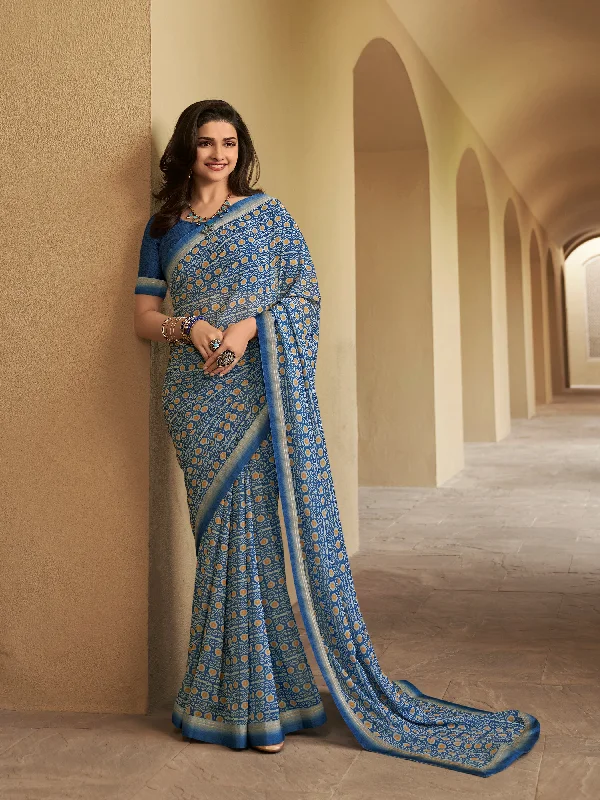 Women Blue Georgette  Printed Saree With Un-Stiched Blouse High Neck Blouse