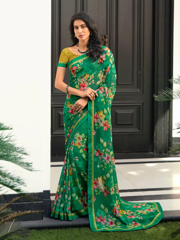 Women Green  Georgette  Printed Saree With Un-Stiched Blouse Chic Square Blouse