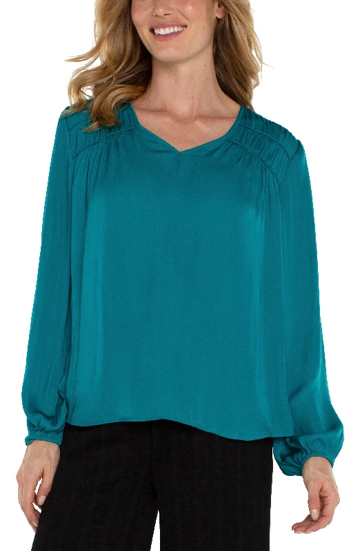 LONG SLEEVE V-NECK WOVEN BLOUSE Feminine Tie Blouse