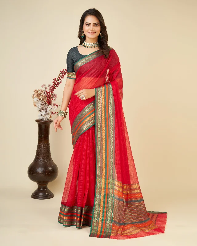 Women Red Kota Doriya Soft Silk Weaving Work Saree With Un-Stiched Blouse Satin Drape Blouse