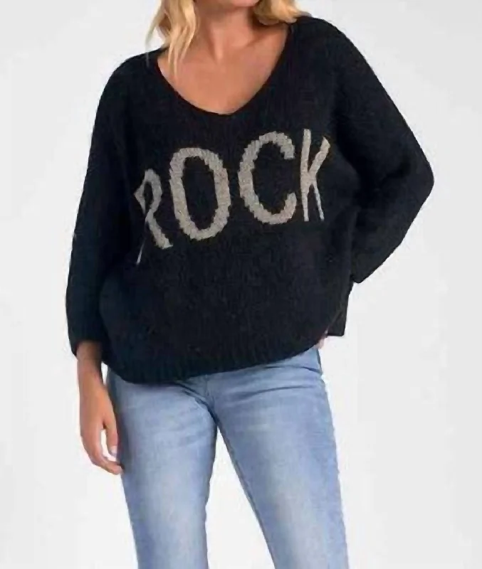 Rock V-Neck Sweater In Black Chenille Fabric Brocade Fabric Lace Fabric