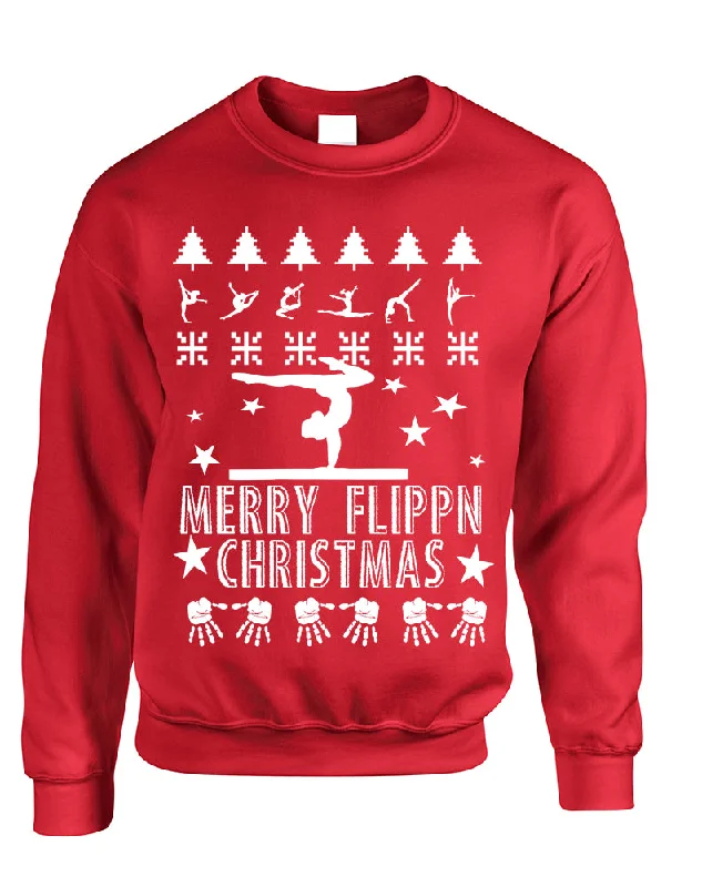 Adult Sweatshirt Merry Flippn Christmas Gymnastics Ugly Xmas Hoodie with Side Slits Relaxed Casual