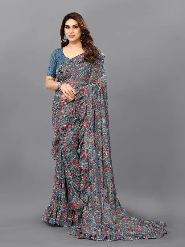 Women Grey Georgette Printed Saree With Un-Stiched Blouse Airy Cotton Blouse