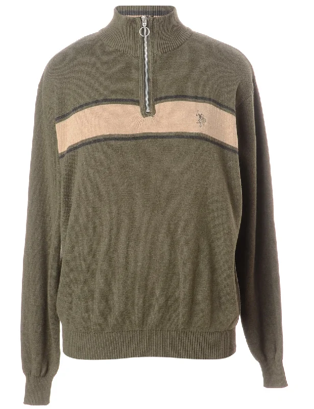 Label Olive Green Zip Front Knitted Jumper Stylish Fashionable Trendy