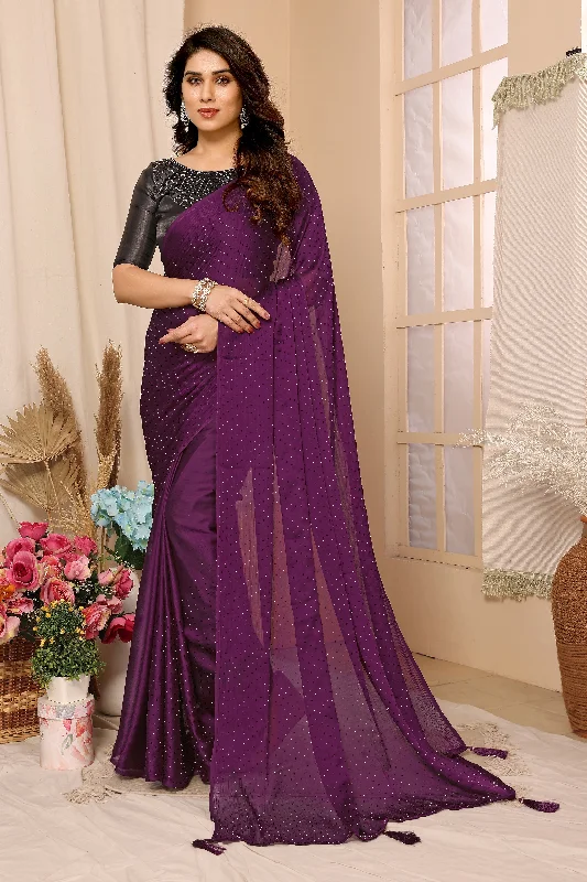 Women Purple Satin Chiffon Stone Work Saree With Un-Stiched Blouse Satin Bow Blouse