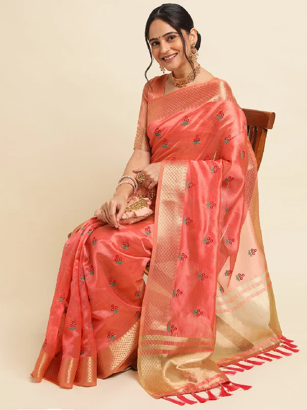 Women Party Wear Embroidery Worked Cotton Silk Saree with Un Stitched Blouse Delicate Pleat Blouse