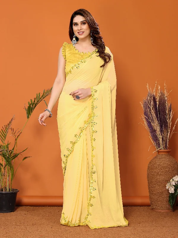 Women Yellow Georgette Plain Saree With Un-Stiched Blouse Chic Ruffle Blouse