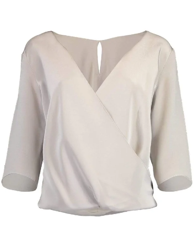 Elbow Sleeve V-Neck Crossover Give Blouse Collared Satin Blouse