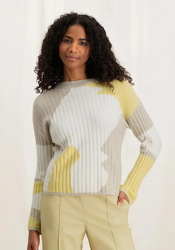 YAYA Colour Block Crew Neck Jacquard Sweater, Parsnip Yellow Solid Color Striped Floral Print