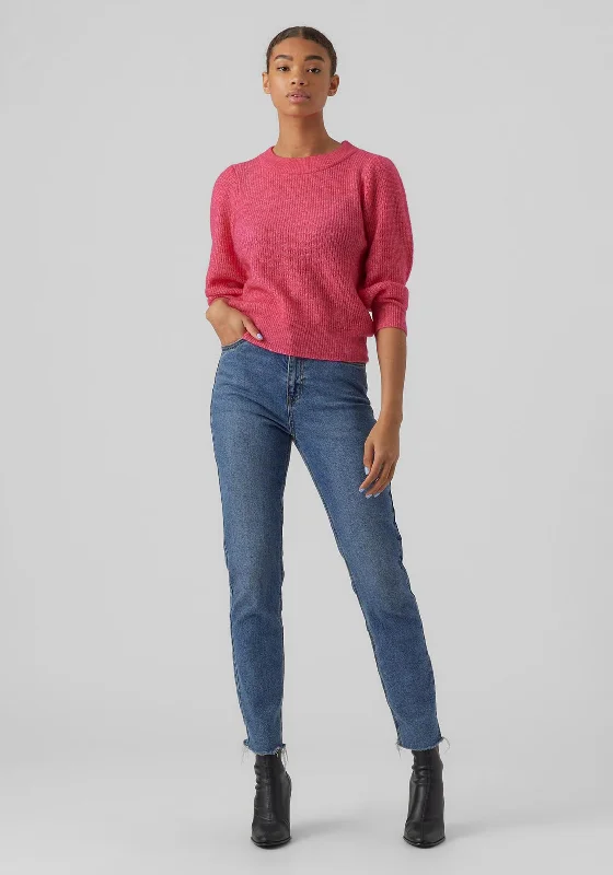 Vero Moda Vigga Balloon Sleeve Knitted Sweater, Raspberry Sorbet Herringbone Houndstooth Plaid