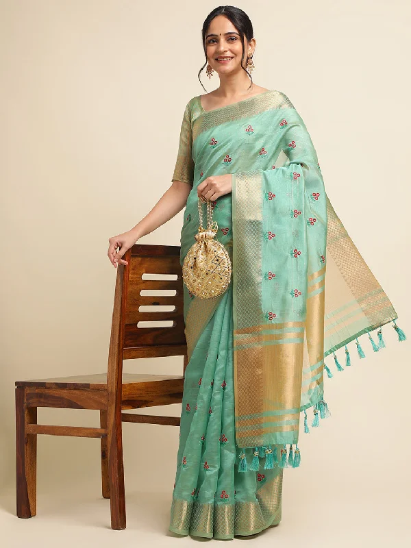 Women Party Wear Embroidery Worked Cotton Silk Saree with Un Stitched Blouse Feminine Pastel Blouse