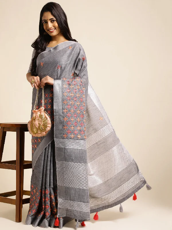 Women Party Wear Embroidery Worked Pure Cotton Linen Silk Saree with Un Stitched Blouse Feminine Ruffle Blouse