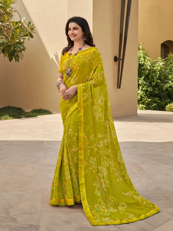 Women Lemon Georgette  Printed Saree With Un-Stiched Blouse Vintage Polka Blouse