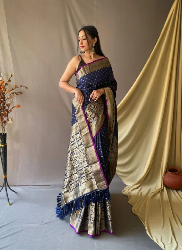 Women Blie Soft Silk  Weaving Work Saree With Un-Stiched Blouse Feminine Tie Blouse