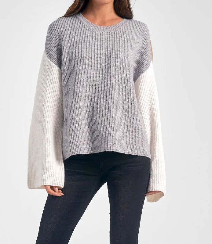 Colorblock Crewneck Sweater In Grey Ribbed Striped Patterned