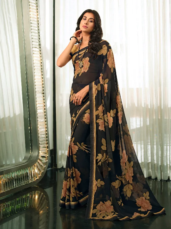 Women Black  Georgette  Printed Saree With Un-Stiched Blouse Casual Relaxed Blouse