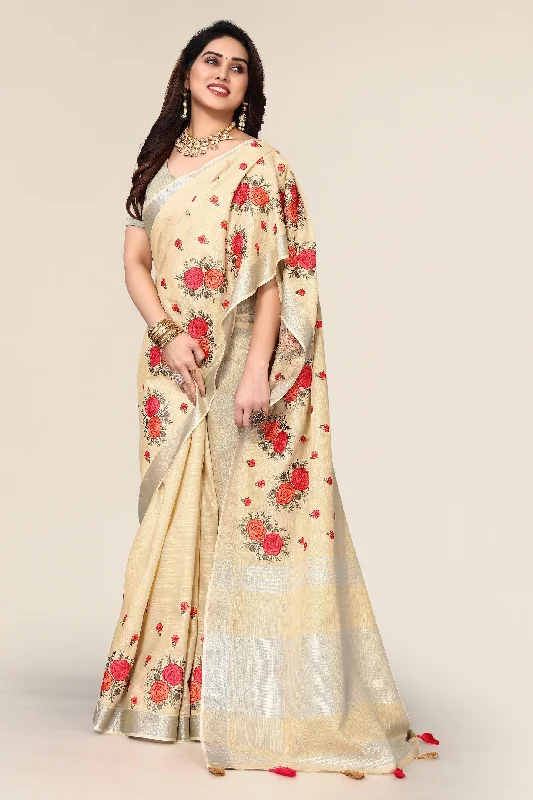 Women Party Wear Embroidery Worked Pure Cotton Silk Saree with Un Stitched Blouse Satin Long Blouse