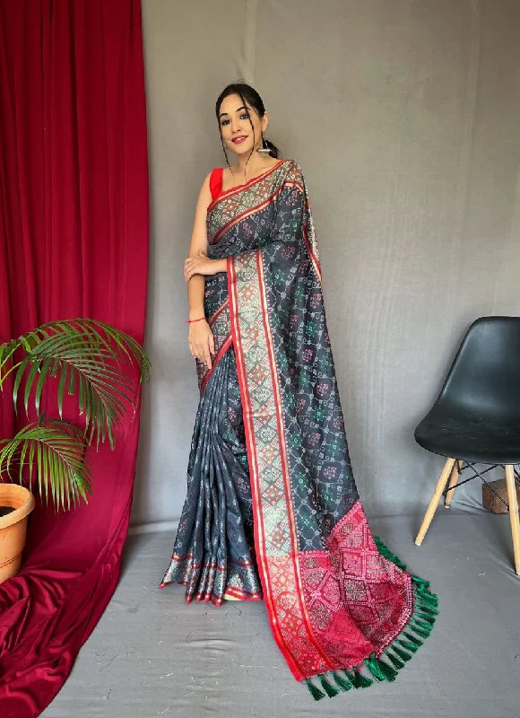 Women Grey Pure Patola Silk  Weaving Work Saree With Un-Stiched Blouse Sleeveless Summer Blouse