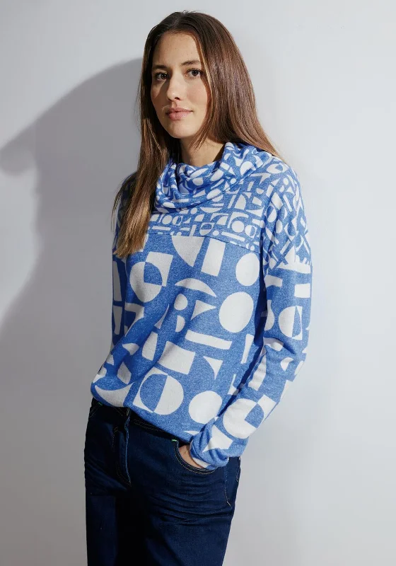 Cecil Volume Collar Graphic Sweater, Water Blue Melange Hooded Caped Shawl Collar