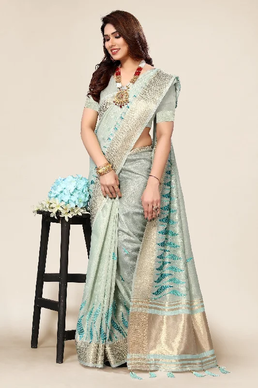 Women Party Wear Embroidery Worked Cotton Silk Saree with Un Stitched Blouse Silky Draped Blouse