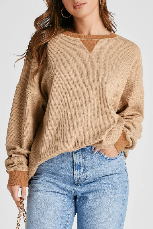 Waffle-Knit Long Sleeve Sweatshirt Oversized Hoodie Comfort Casual