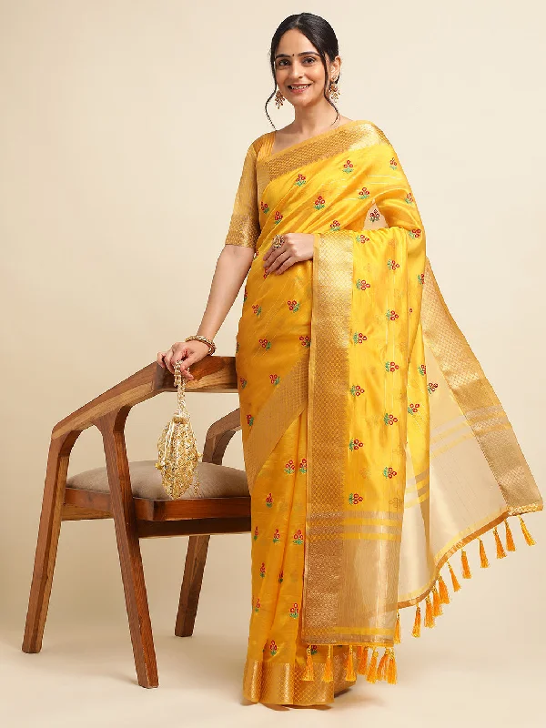 Women Party Wear Embroidery Worked Cotton Silk Saree with Un Stitched Blouse Lightweight Tunic Blouse