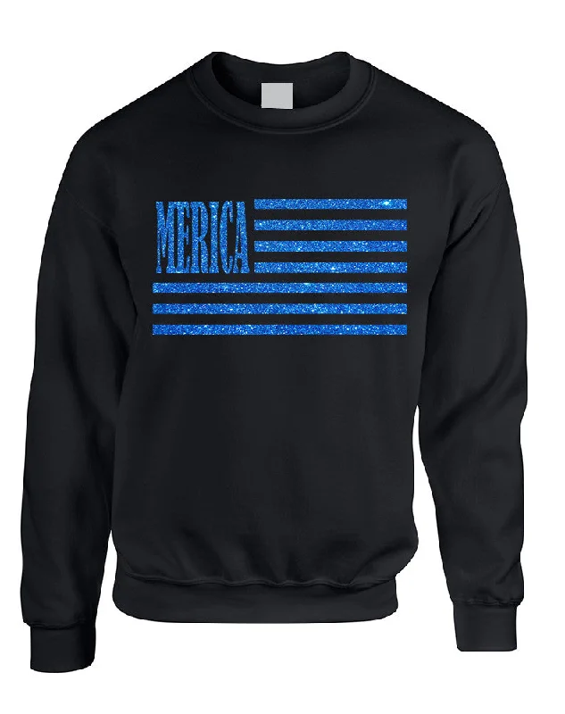 Adult Sweatshirt Merica Glitter Blue Flag 4th Of July Top Hoodie with Bell Sleeves Flared Feminine