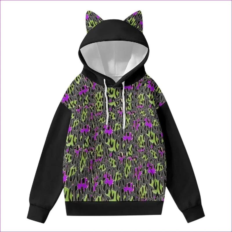 Leopard Splash Grundge Purr Women’s Hoodie With Decorative Ears Hoodie with Batwing Sleeves Loose Dramatic