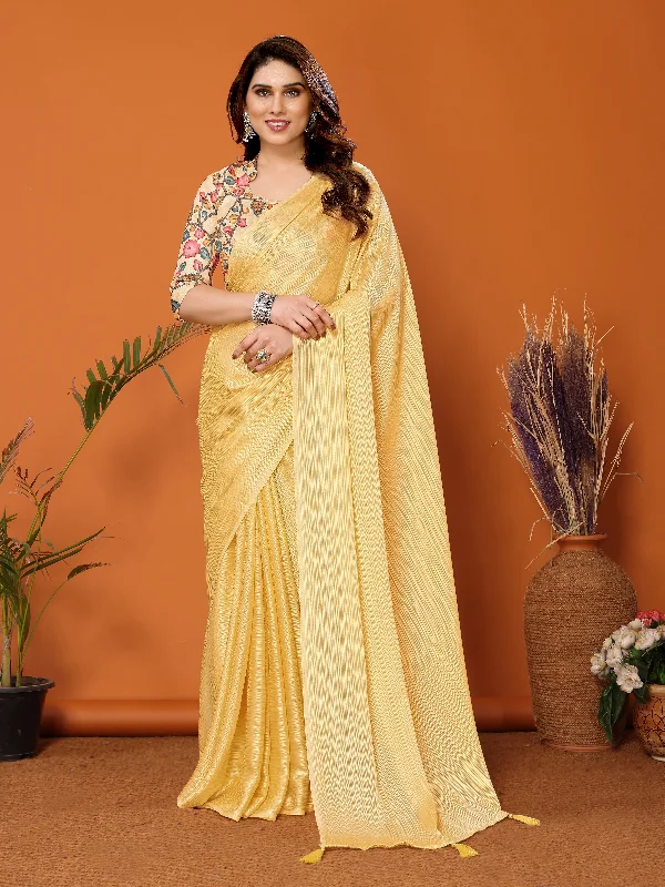 Women Yellow Polyester Zari Plain Saree With Un-Stiched Blouse Elegant Embroidery Blouse