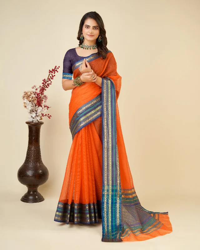 Women Orange Kota Doriya Soft Silk Weaving Work Saree With Un-Stiched Blouse Embellished Collar Blouse