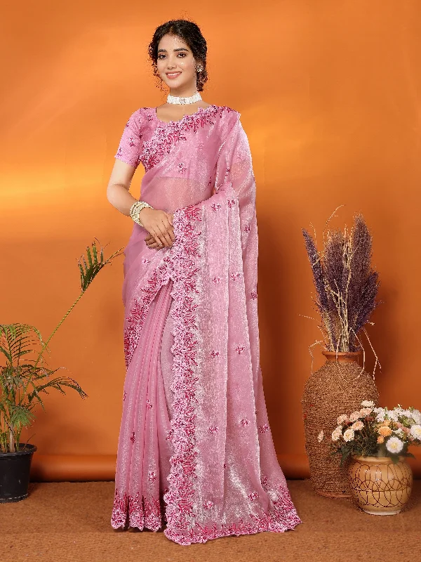 Women Party Wear Embroidery Worked Organza Blend Silk Saree with Un Stitched Blouse Subtle Shimmer Blouse