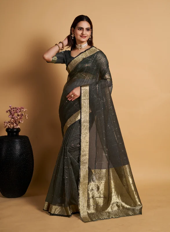 Women Black Organza Silk Weaving Work Saree With Un-Stiched Blouse Asymmetric Hem Blouse