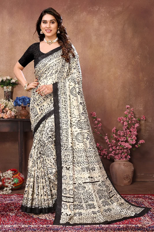 Women Cream Khadi Printed Saree With Un-Stiched Blouse Classic Minimalist Blouse