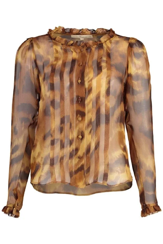 Long Sleeve Leopard Print Pleat Blouse Sheer Sleeve Blouse