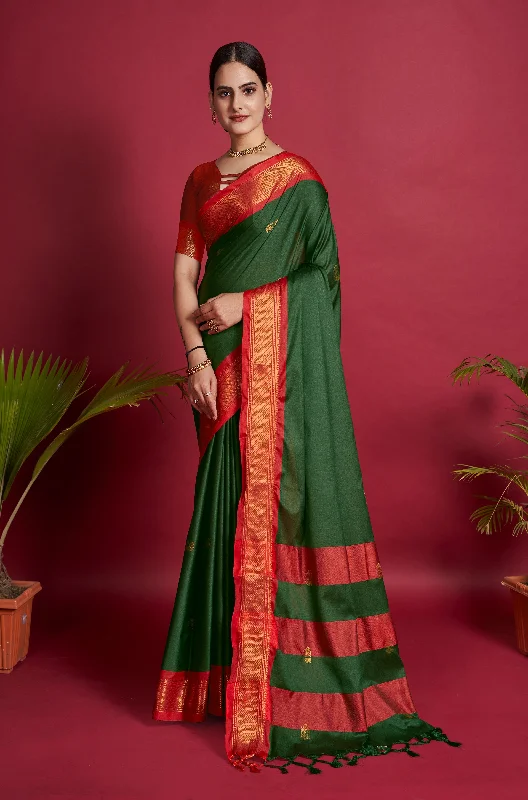 Women Green Lichi Soft Silk Weaving Work Saree With Un-Stiched Blouse Ruched Sleeve Blouse