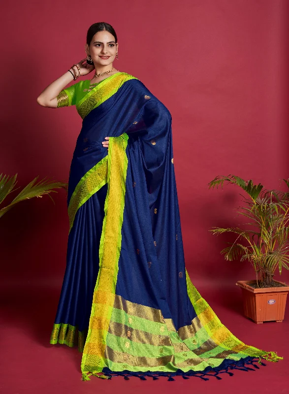 Women Deep Blue Lichi Soft Silk Weaving Work Saree With Un-Stiched Blouse Elegant Peplum Blouse