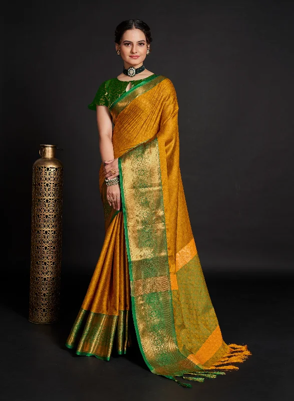 Women Yellow Lichi Soft Silk Weaving Work Saree With Un-Stiched Blouse Elegant Office Blouse